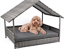 Heeyoo Indoor & Outdoor Wicker House Rattan Elevated Dog Bed with Canopy, Grey, 38 x 26.5 x 28-in