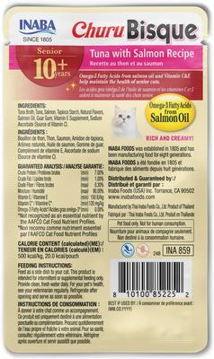 Show full view: Inaba Churu for Senior 10+ Tuna & Salmon Bisque Lickable Cat Treats, 1.4-oz pouch, 12 count slide 3 of 10