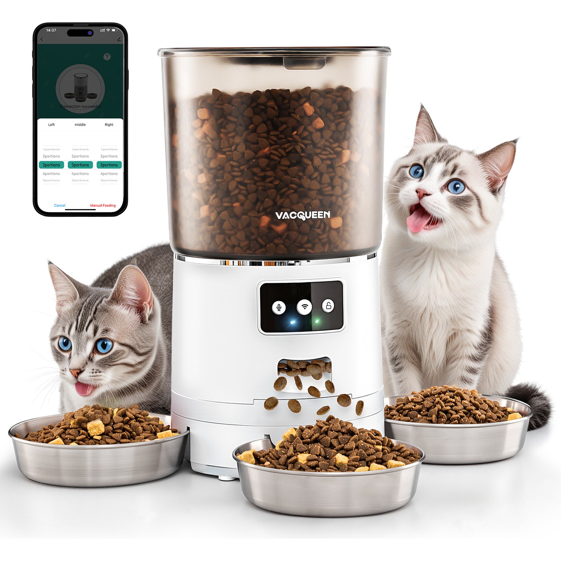 Vacqueen Smart Automatic 3 Cat Feeder, 25-cup, White
