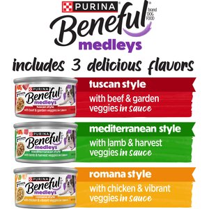 Purina Beneful Medleys Tuscan, Romana & Mediterranean Style Variety Pack in Gravy Wet Dog Food, 3-oz can, case of 30