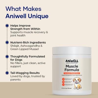 Show full view: Aniwell Shilajit, Ashwagandha & Green Lipped Mussel Flavored Muscle Formula Powder Supplement for Dogs, 4.2-oz jar slide 7 of 9