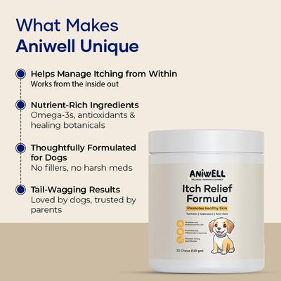 Show full view: Aniwell Turmeric, Calendula, Borage Oil & Salmon Flavored Itch Relief Formula Soft & Chew Supplement for Dogs, 4.2-oz jar slide 7 of 9