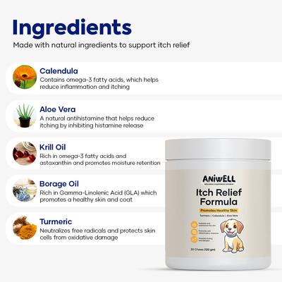 Show full view: Aniwell Turmeric, Calendula, Borage Oil & Salmon Flavored Itch Relief Formula Soft & Chew Supplement for Dogs, 4.2-oz jar slide 3 of 9