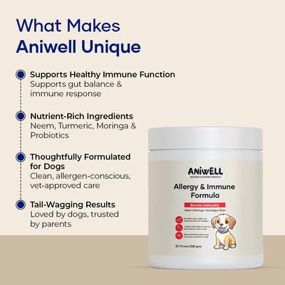 Show full view: Aniwell Neem, Moringa, Turmeric & Salmon Flavored Allergy & Immune Formula Soft & Chew Supplement for Dogs, 4.2-oz jar slide 7 of 9