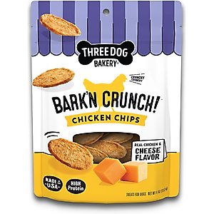 Three Dog Bakery Bark'N Crunch! Chicken Chips Cheese Flavor Dehydrated Dog Treats, 4-oz bag