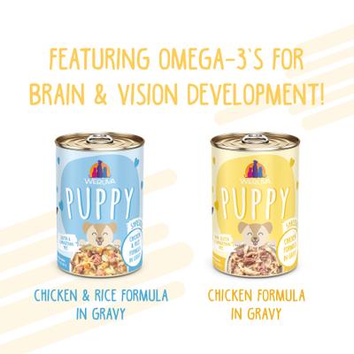 Show full view: Weruva Paw Lickin' Puppy Variety Pack Gluten-Free Chicken Chunks in Gravy Canned Wet Dog Food, 14-oz can, case of 9 slide 6 of 10