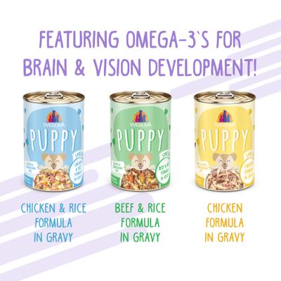 Show full view: Weruva Puppy Can Jam Variety Pack Gluten-Free Chicken Chunks in Gravy Canned Wet Dog Food, 14-oz can, case of 9 slide 6 of 10