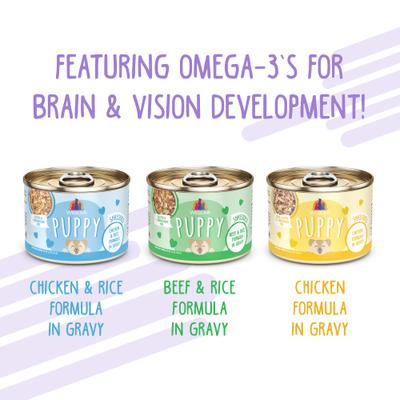Show full view: Weruva Puppy Can Jam Variety Pack Gluten-Free Chicken Chunks in Gravy Canned Wet Dog Food, 6-oz can, case of 9 slide 6 of 10