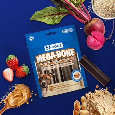 Show full view: N-Bone Mega-Bone Long-Lasting Chicken Free Peanut Butter & Jelly Flavor Adult Dental Dog Chew, 16.8-oz bag, 6 count slide 10 of 11
