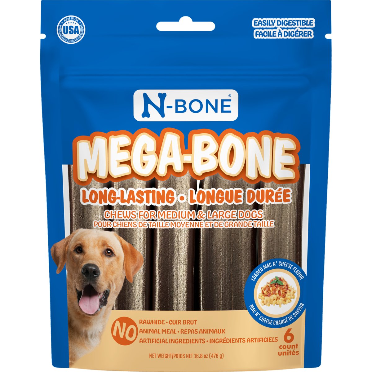 N-Bone Mega-Bone Long-Lasting Rawhide-Free Mac n' Cheese Flavor Adult Dental Dog Chew, 16.8-oz bag, 6 count