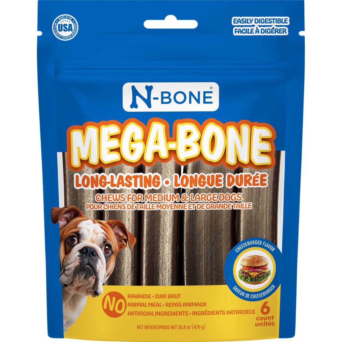 N-Bone Mega-Bone Long-Lasting Rawhide-Free Cheese Burger Flavor Adult Dog Chew, 16.8-oz bag, 6 count