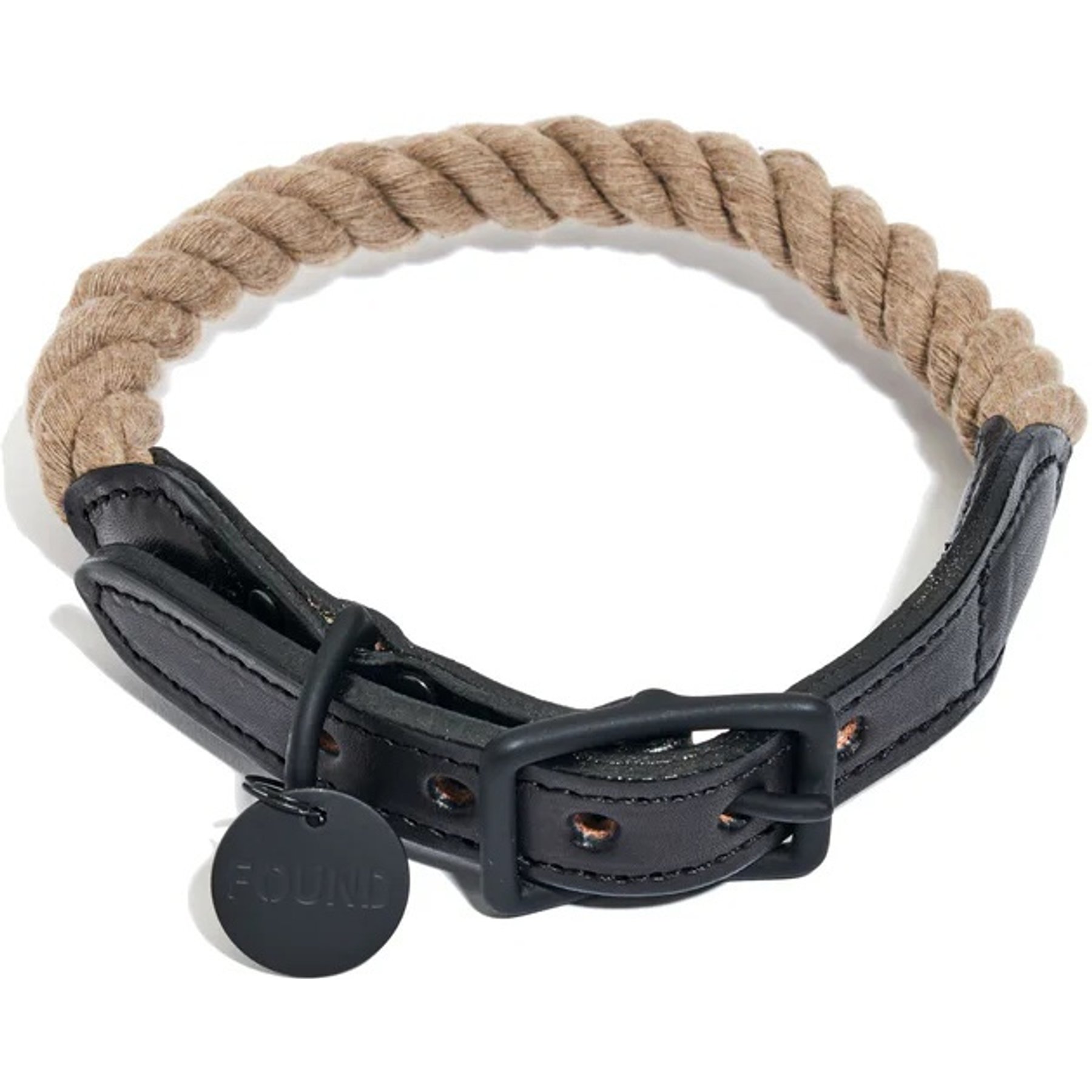 Found My Animal Rope & Leather Dog & Cat Collar, Black/Natural, Small: 10.5-in neck, 5/8-in wide