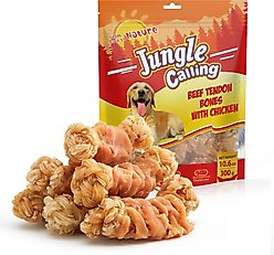 Jungle Calling Chicken Wrapped Knotted Beef Tendon Bones Dog Chew, 10.6-oz