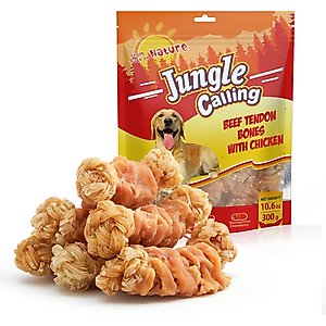 Jungle Calling Chicken Wrapped Knotted Beef Tendon Bones Dog Chew, 10.6-oz
