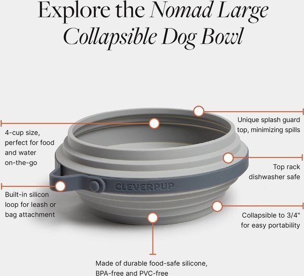 Show full view: Cleverpup Nomad Silicone Dog Bowl, Grey, Large: 4-cup slide 3 of 7