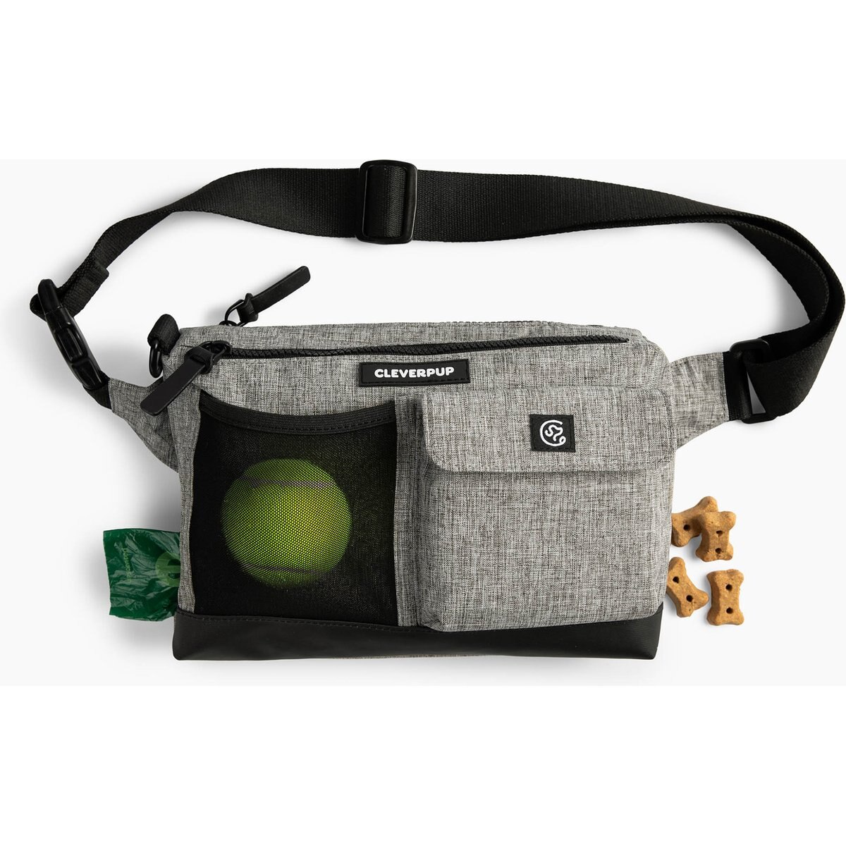 Cleverpup Dog Walk & Train Sling Bag with Poop Bag Dispenser & Treat Pocket, Heather Grey