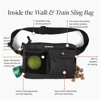 Show full view: Cleverpup Dog Walk & Train Sling Bag with Poop Bag Dispenser & Treat Pocket, Graphite slide 3 of 9