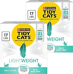 Purina Tidy Cats Lightweight Free & Clean Unscented Clumping Clay Cat Litter, 17-lb box, bundle of 2