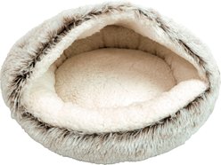 GOO-EEZ Hooded Plush Dog & Cat Bed, Beige/Brown, 20 x 20-in