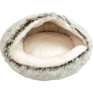 GOO-EEZ Hooded Plush Dog & Cat Bed, Beige/Brown, 20 x 20-in