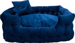 GOO-EEZ Rectangular Luxury Velour Dog Bed with Accessories, Royal Blue, 28 x 20-in