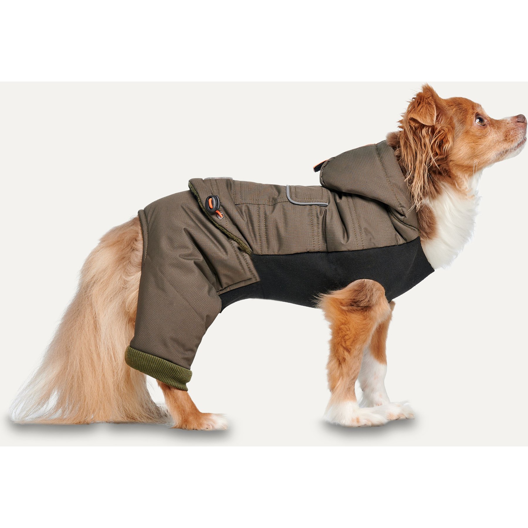 GOO-EEZ Hooded Full Body Dog Snowsuit with Removable Pants, Khaki/Black, XX-Large