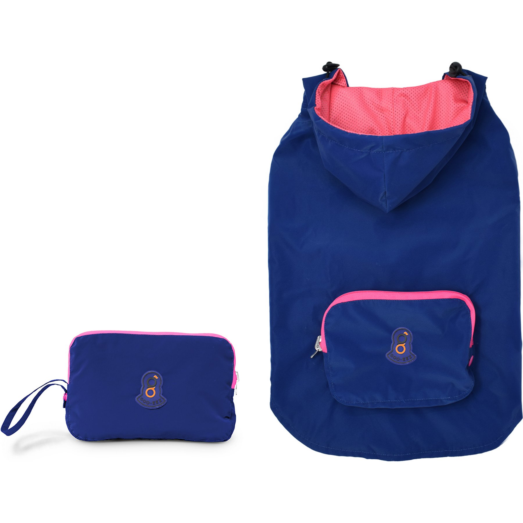 GOO-EEZ Hooded Packable Poncho Dog Raincoat, Navy/Pink, X-Small