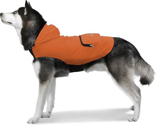 Show full view: GOO-EEZ Hooded Packable Poncho Dog Raincoat, Orange/Charcoal, X-Small slide 3 of 4