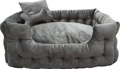 GOO-EEZ Rectangular Luxury Velour Dog Bed with Accessories, Grey, 28 x 20-in