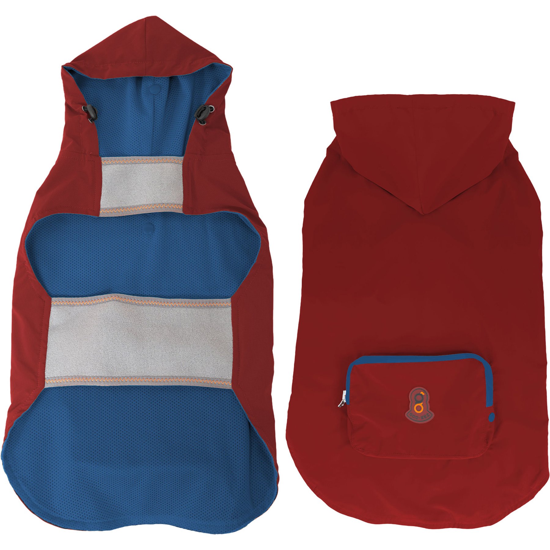 GOO-EEZ Hooded Packable Poncho Dog Raincoat, Red/Blue, Small