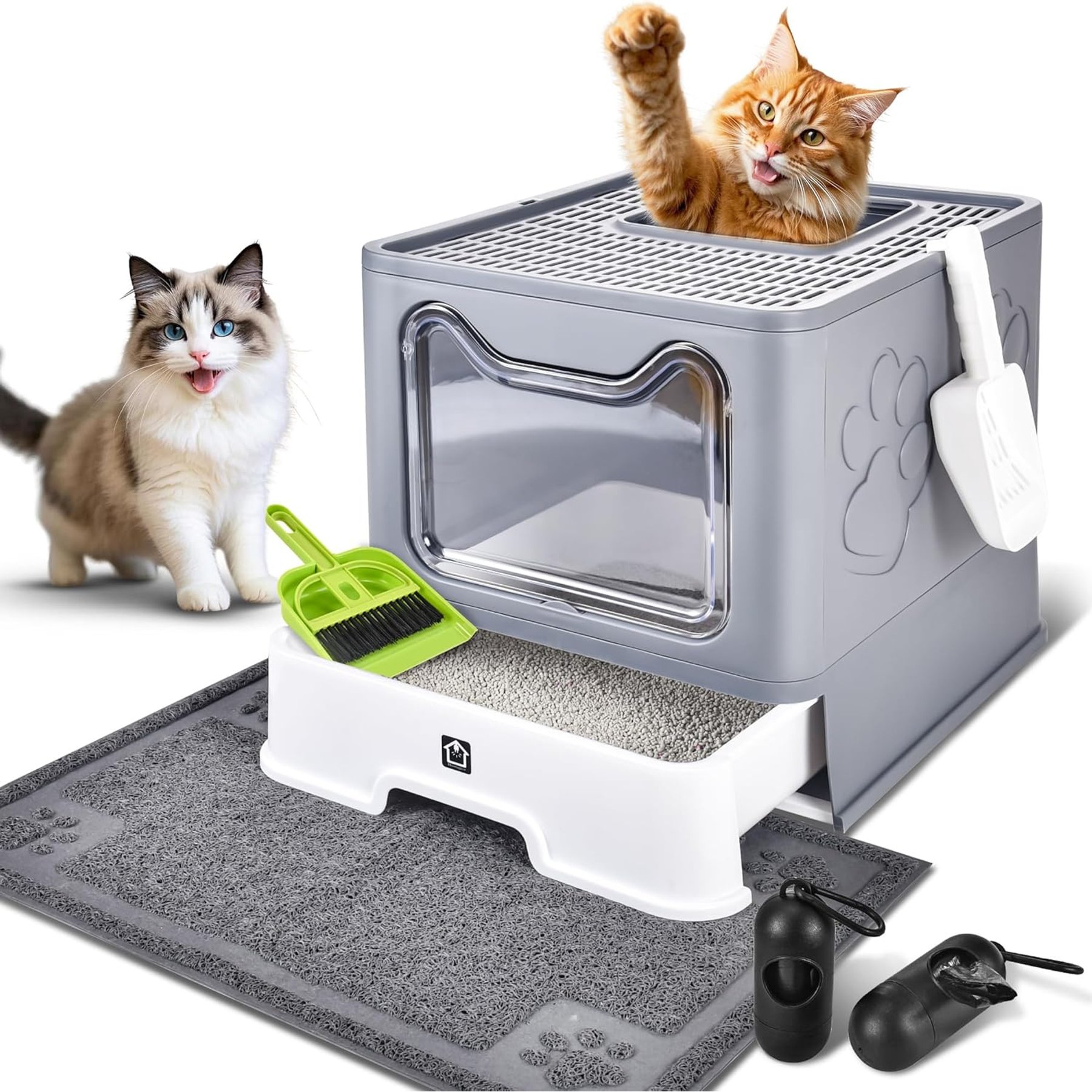 HOMAGICO Cat Litter Box with Mat, Dark Grey