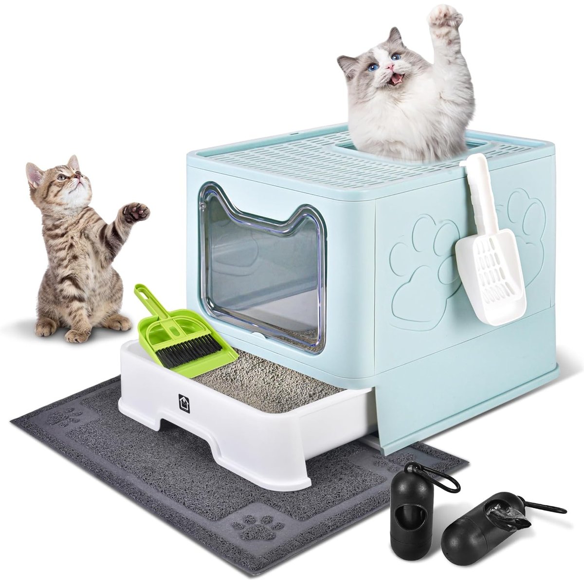 HOMAGICO Cat Litter Box with Mat, Blue