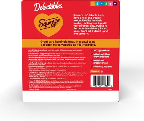 Show full view: Hartz Delectables Squeeze Up Variety Pack Grain-Free Lickable Cat Treats, 0.5-oz tube, 104 count slide 8 of 11