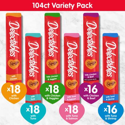 Show full view: Hartz Delectables Squeeze Up Variety Pack Grain-Free Lickable Cat Treats, 0.5-oz tube, 104 count slide 7 of 11