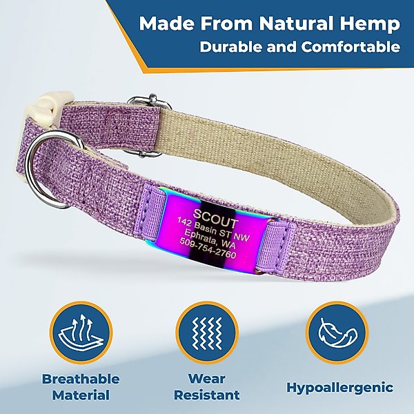 GoTags Cotton Hemp Personalized with Custom Engraved Nameplate Dog Collar