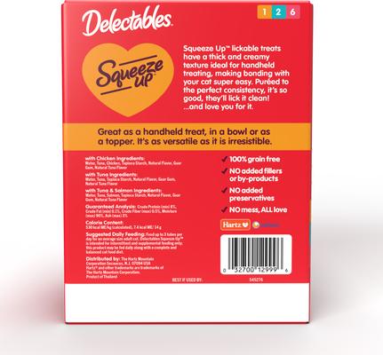Show full view: Hartz Delectables Squeeze Up Chicken, Tuna, Tuna & Salmon Variety Pack Grain-Free Lickable Cat Treats, 0.5-oz tube, 54 count slide 8 of 10