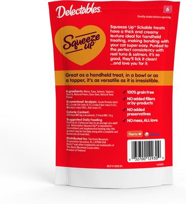 Show full view: Hartz Delectables Squeeze Up Tuna & Salmon Grain-Free Lickable Cat Treats, 0.5-oz tube, 32 count slide 7 of 11