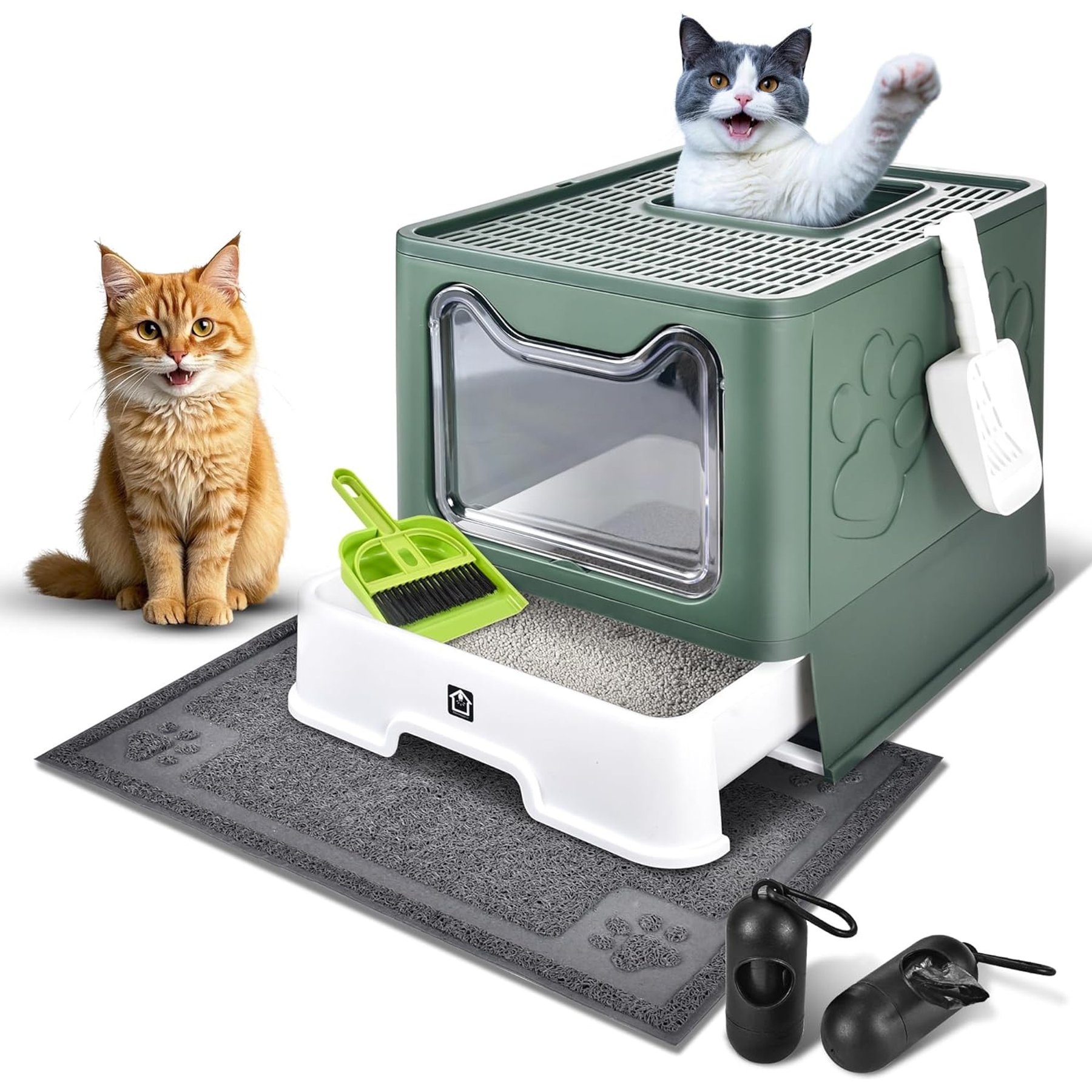 HOMAGICO Cat Litter Box with Mat, Green
