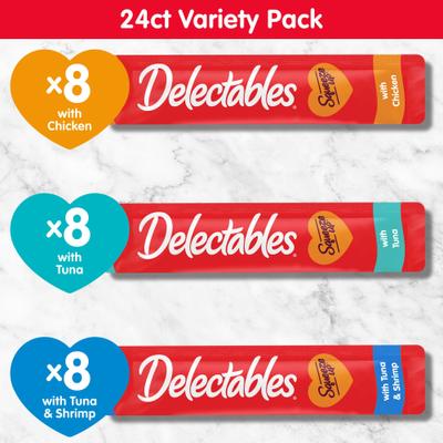 Show full view: Hartz Delectables Squeeze Up Chicken, Tuna, Tuna & Shrimp Variety Pack Grain-Free Lickable Cat Treats, 0.5-oz tube, 24 count slide 7 of 11