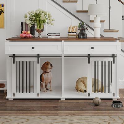 Show full view: Cesicia Wooden Dog Kennel with Two Drawers, Brown & White, Large slide 6 of 7