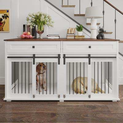 Show full view: Cesicia Wooden Dog Kennel with Two Drawers, Brown & White, Large slide 3 of 7