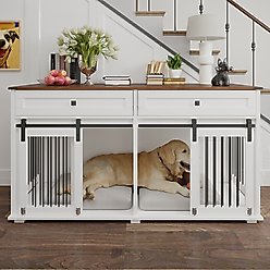 Cesicia Wooden Dog Kennel with Two Drawers, Brown & White, Large