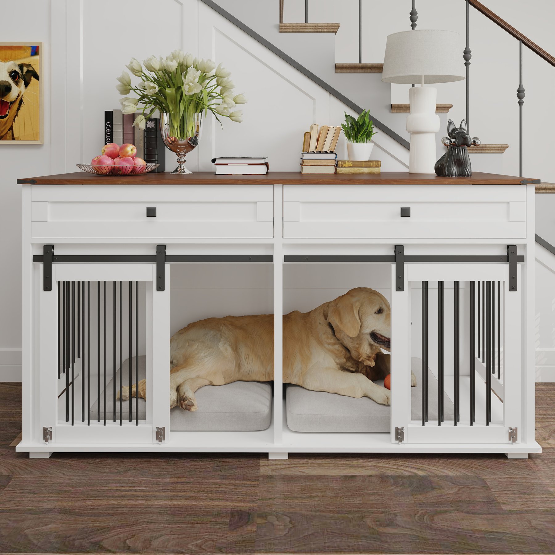 Cesicia Wooden Dog Kennel with Two Drawers, Brown & White, Large