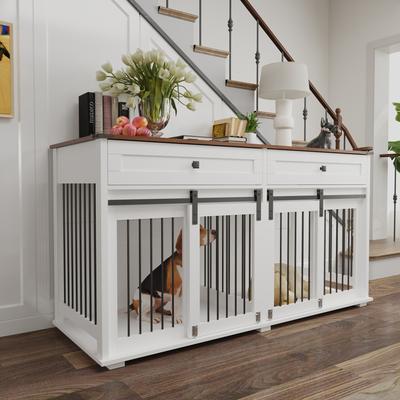 Show full view: Cesicia Wooden Dog Kennel with Two Drawers, Brown & White, Large slide 2 of 7