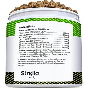 StrellaLab Glucosamine Chondroitin & Hip & Joint with Omegas 3 & Fish Oil Advanced Mobility Chew Supplement for Dogs, 120 count