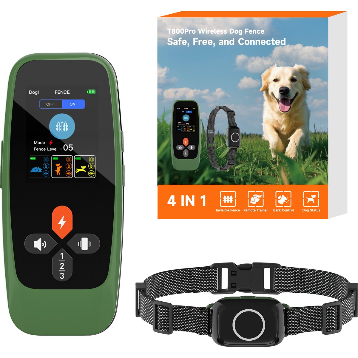 Hoistspark 4-in-1 Wireless Fence Remote Dog Training Collar, Green, Medium
