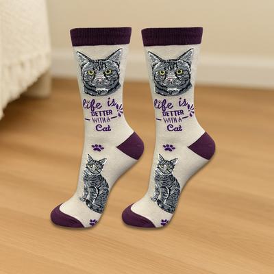 Show full view: E&S PETS Silver Tabby Life Is Better Socks, Grey, one size slide 3 of 3