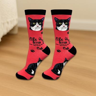 Show full view: E&S PETS Black & White Cat Life Is Better Socks, Red, one size slide 3 of 3