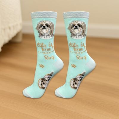 Show full view: E&S PETS Shih Tzu Life Is Better Socks, Teal, one size slide 3 of 3