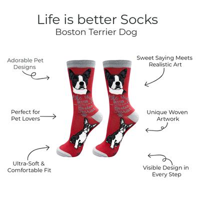 Show full view: E&S PETS Boston Terrier Life Is Better Socks, Red, one size slide 2 of 3